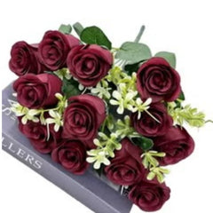 Huitich realistic faux roses for weddings in deep red with green leaves and white accents bouquet