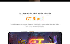 realme 14 5G smartphone UAE showing GT Boost gaming banner and partial game screen with characters