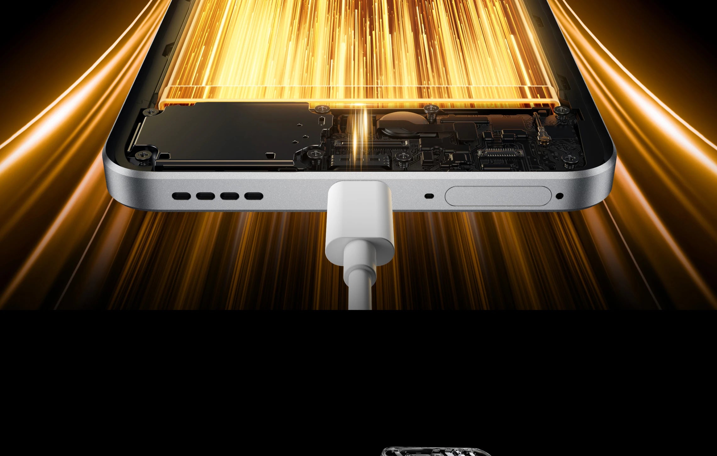 realme 14 5G smartphone UAE close up bottom view showing USB C charging port speaker grill and glowing battery internals