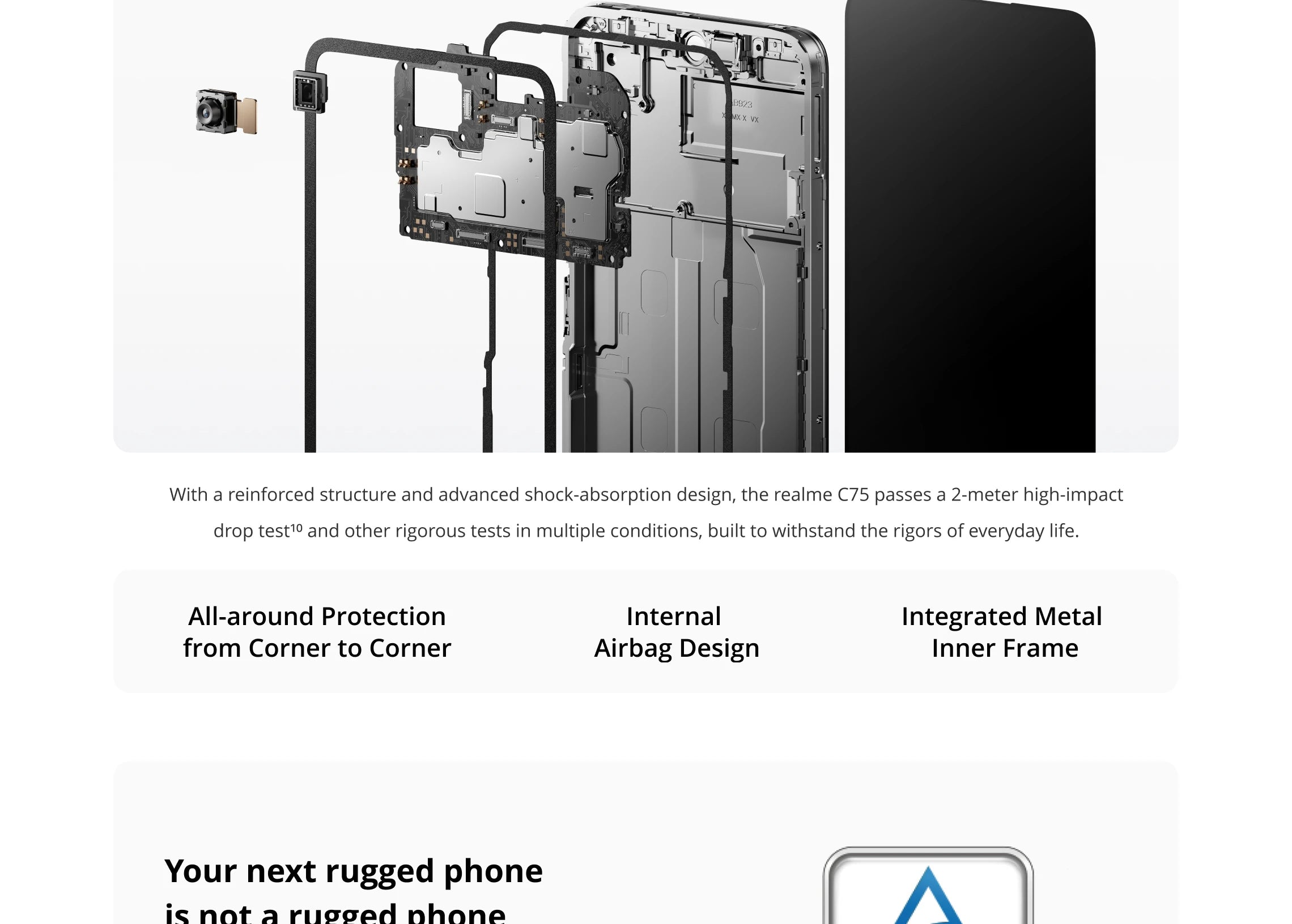 realme C75 smartphone UAE exploded internal view showing reinforced metal inner frame and airbag shock absorption design