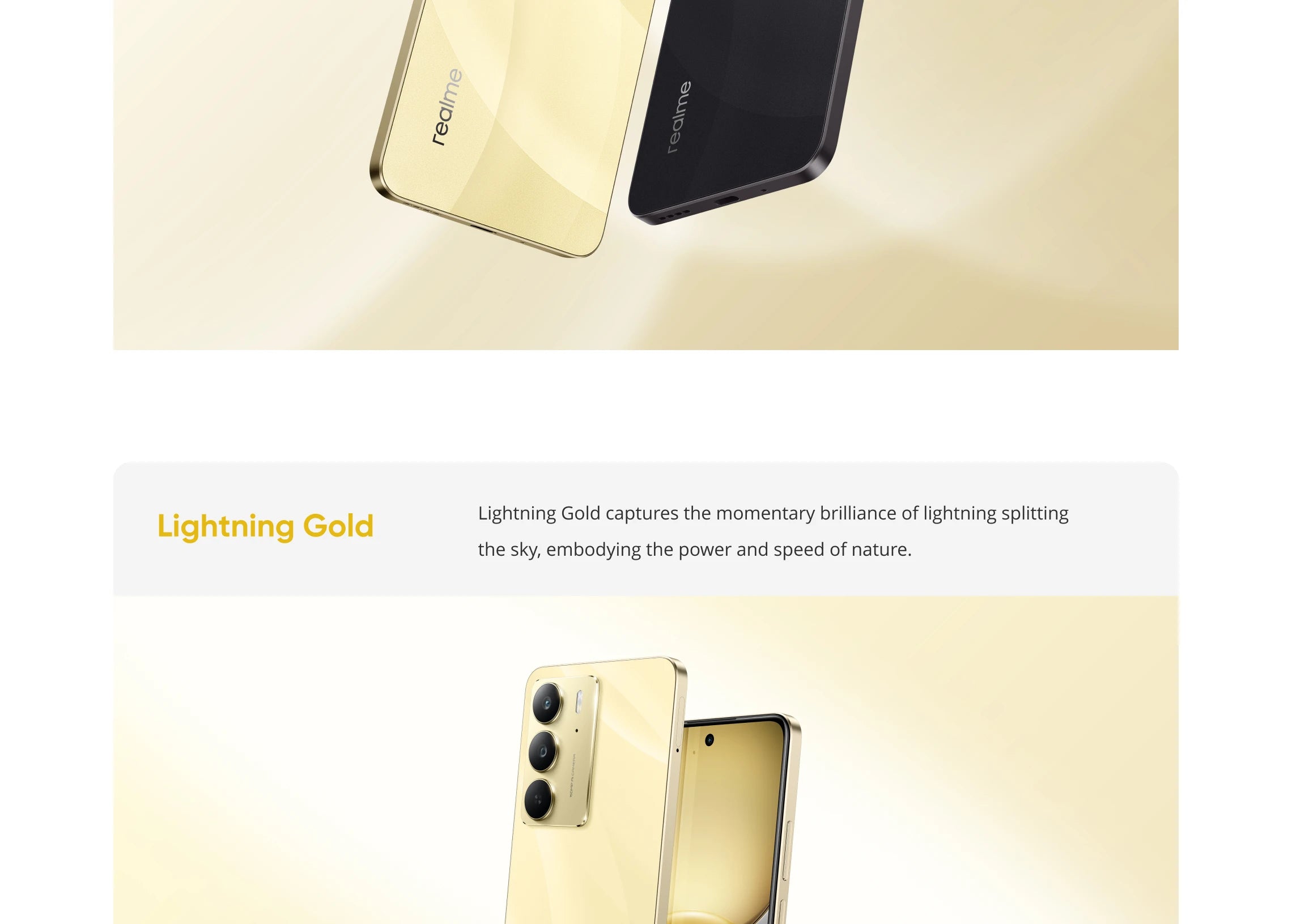 realme C75 smartphone UAE Lightning Gold and Black phones showing front display and triple rear camera glossy finish