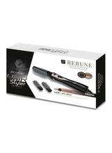 Electric hair styling brush retail box, black handle, two comb attachments shown