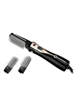Electric hair styling brush black with rose-gold control, two comb attachments