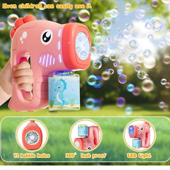 Huitich rechargeable bubble gun for kids in pink dinosaur design with LED lights creating multiple bubbles