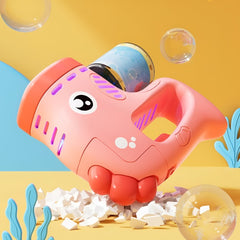 Huitich rechargeable bubble gun for kids in pink with cute design creating bubbles