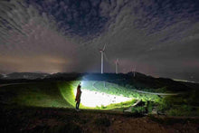 Outdoor flashlight at night casting a bright wide beam on a path