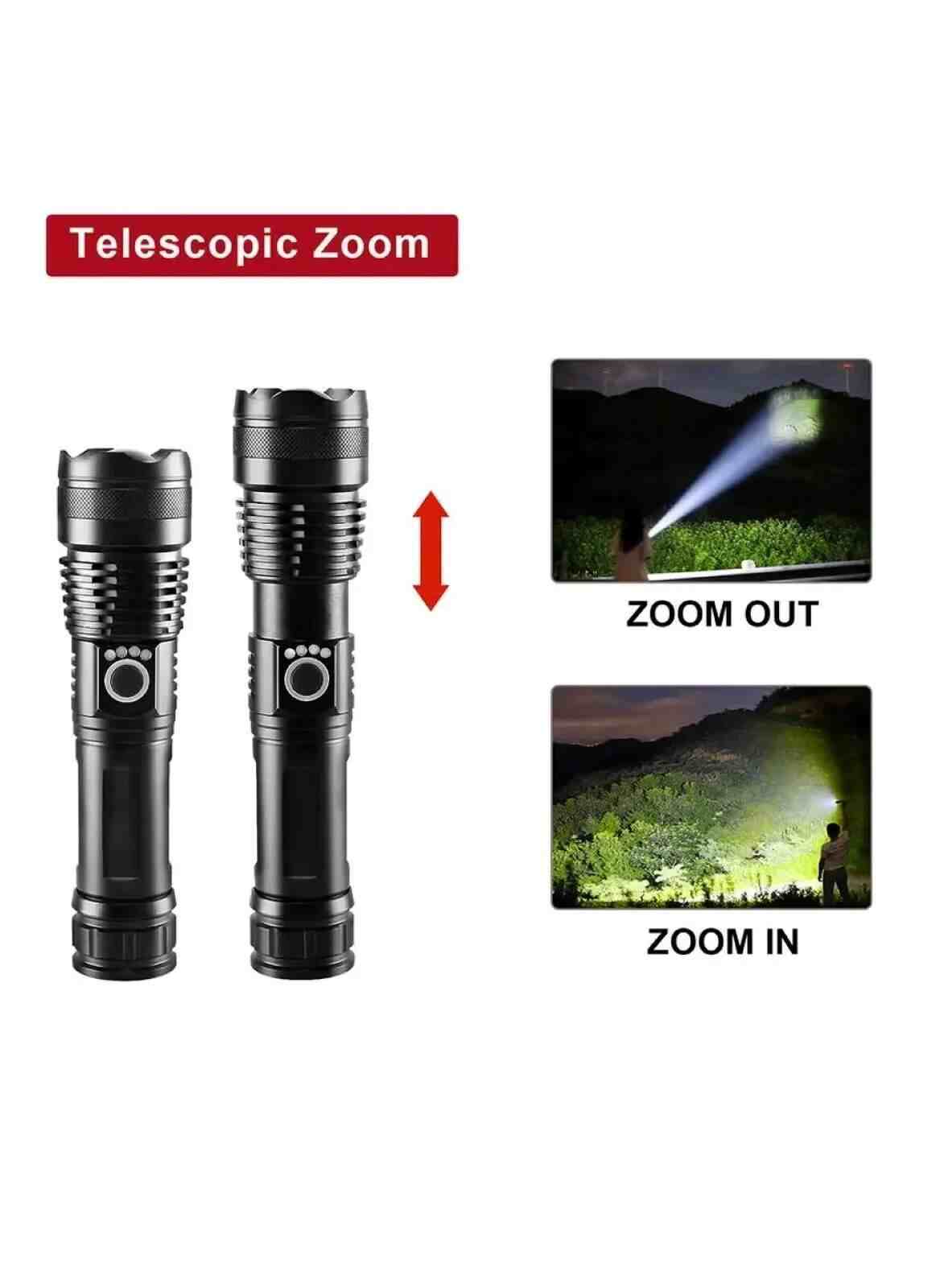 Huitich rechargeable flashlight with adjustable focus showing telescopic zoom and beam examples