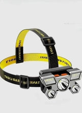 Rechargeable headlamp with yellow adjustable strap and multi-LED light head