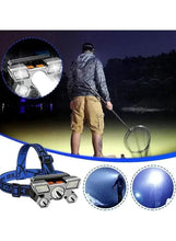 Rechargeable headlamp with adjustable blue strap and front triple LEDs