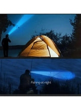 Rechargeable headlamp shining a wide beam outdoors