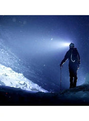 Hiker using a rechargeable headlamp for outdoor use to illuminate the snowy mountain trail at night