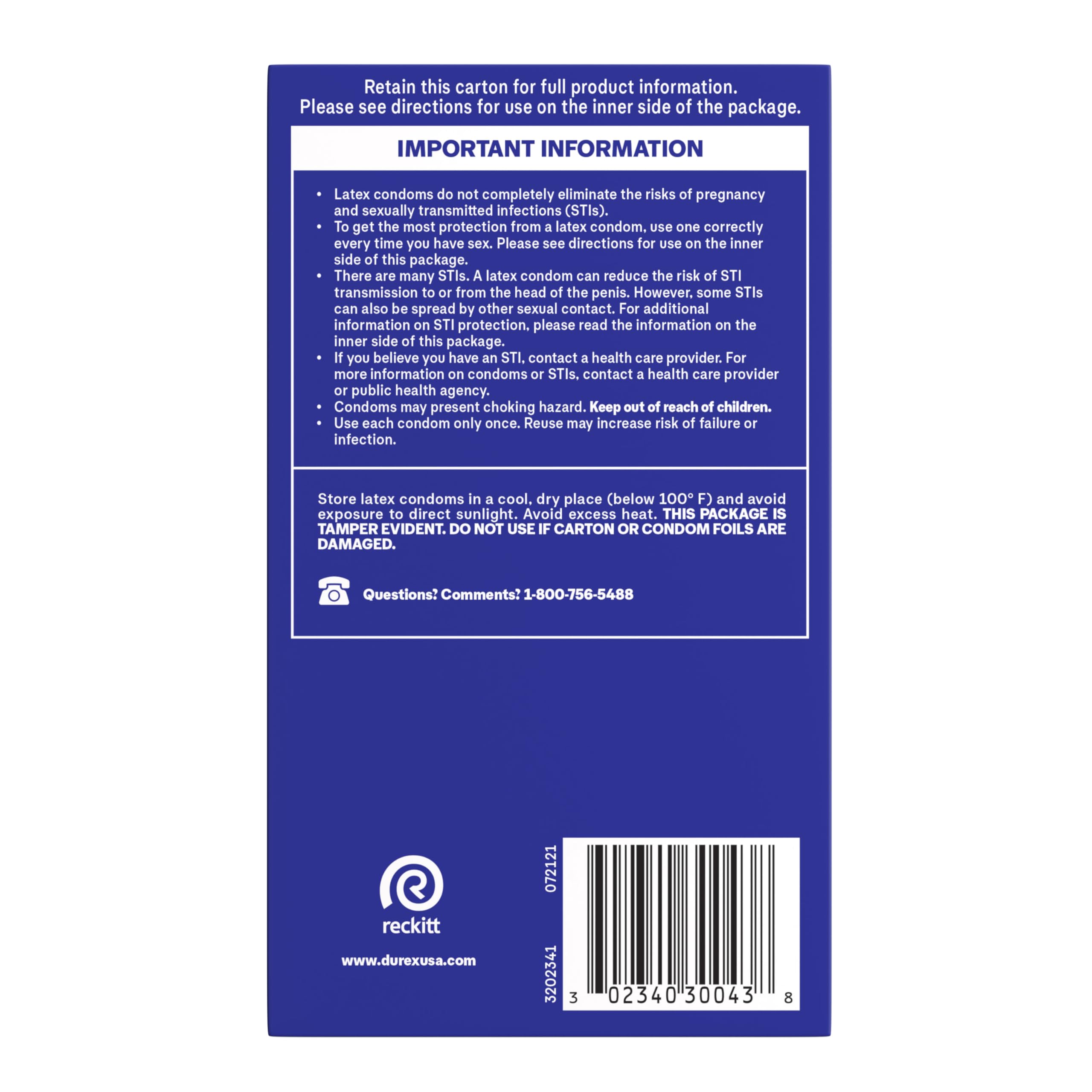 Durex XXL condoms UAE blue back carton with important information panel and barcode