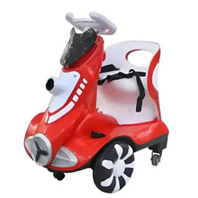 Red battery kids ride-on scooter with white accents and bubble-style fan wheels