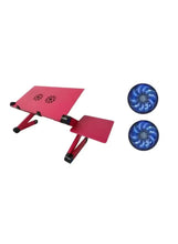 Folded laptop table with pink top, black legs, and two blue wheel casters