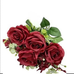 Huitich red artificial flowers for home decor with realistic red roses and green leaves bouquet