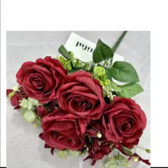 Huitich red artificial flowers for home decor bouquet with green leaves and small white accents