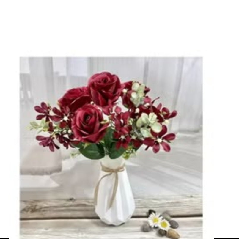 Huitich red artificial flowers for home decor arranged in white vase on wooden surface