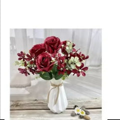 Huitich red artificial flowers for home decor arranged in white vase on wooden surface