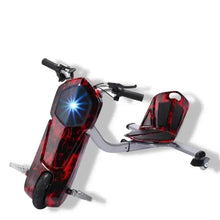 Red and black electric scooter with 360-degree rotating drift seat and handlebars