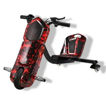 Electric scooter with red patterned body and rotating drift seat, front and side view