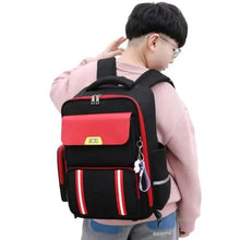 Kids six-wheel school bag on back, red top panel and black body