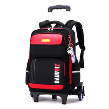 Six-wheel kids school bag, red and black with front pocket