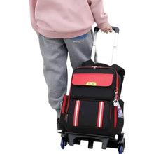 Six-wheel school bag with handle and blue wheels, red stripes on black