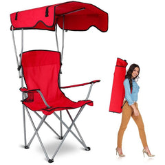 Red Huitich camp chair with shade canopy and carrying case shown with a woman carrying it on her back