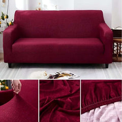 Huitich red elastic sofa cover fitted on a three-seater sofa with close-ups of fabric stretch and texture