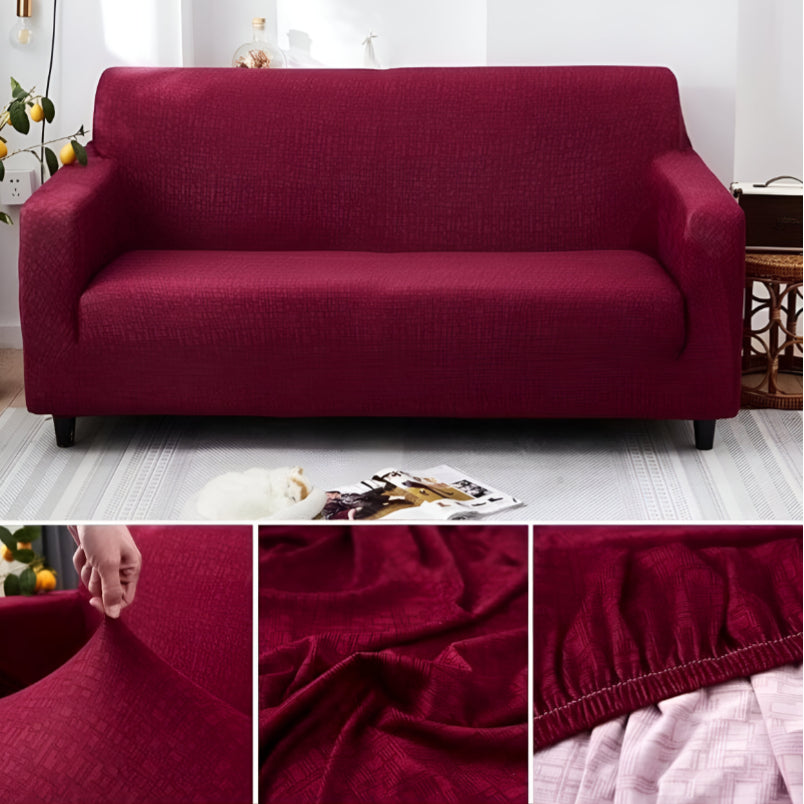 Huitich red elastic sofa cover fitted on a three-seater sofa with close-ups of fabric stretch and texture