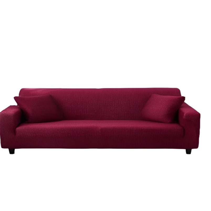 Huitich red elastic sofa cover fitted on a three-seater sofa with two matching cushions
