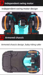 Red electric push car with parent handle showing independent swing motor and armored chassis design for safety