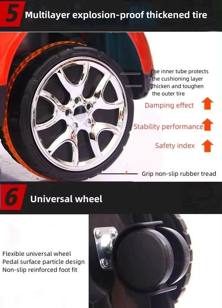 Close-up of multilayer explosion-proof thickened tire and universal wheel of red electric push car with parent handle