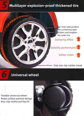 Close-up of multilayer explosion-proof thickened tire and universal wheel of red electric push car with parent handle