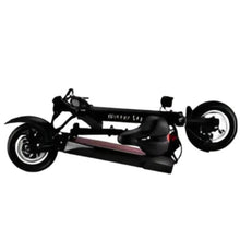 Black electric scooter with red deck, side view showing wheels and handlebar