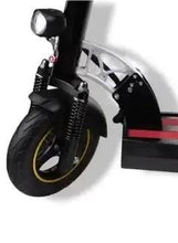 Front fender and headlight detail on black electric scooter with red stripe