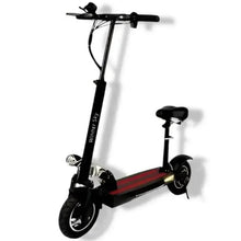 Red and black electric scooter with seat, front wheel and handlebars visible