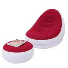 Red inflatable lounge chair and footrest set with white base chambers