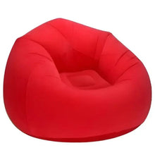Red inflatable bean bag chair with curved backrest and contoured seat