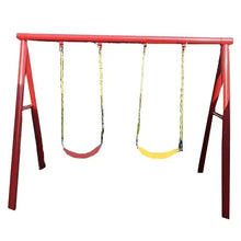 Red 2-seat playground swing set with three rope seats and A-frame supports