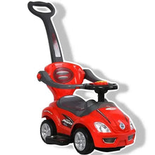 Red toddler push car with steering wheel, black seat, and front wheels