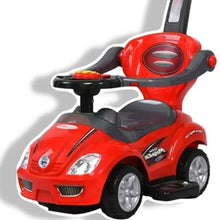 Red toddler push car with black handlebar and seat, angled side view