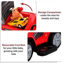 Red toddler push car with storage under seat and removable foot rest