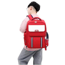 Red school trolley backpack with rear panel pocket, wheels, and pull handle