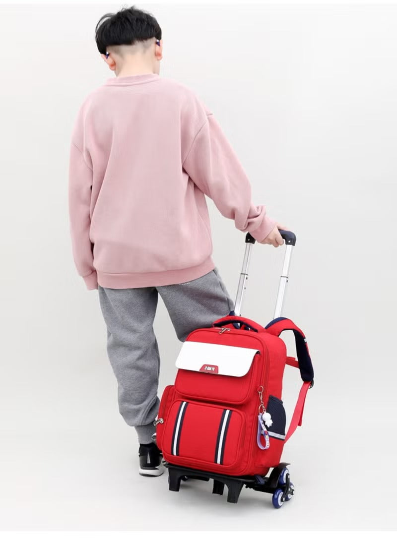 Child pulling a red six-wheel trolley school bag with adjustable handle for easy transport