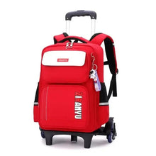 Red rolling school trolley bag with front organizer pocket, wheels, and pull handle