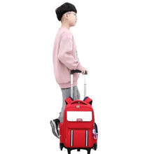 Red rolling school trolley bag with rear pocket, wheels, and pull handle
