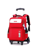Red six-wheel trolley school bag with front pocket and top handle