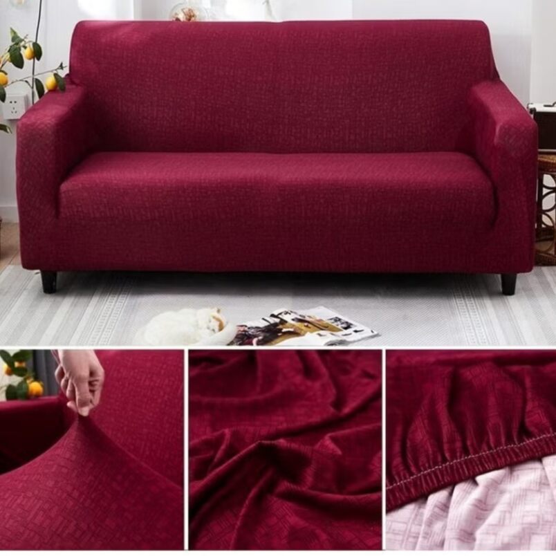 Huitich red two seater sofa cover fitted on a couch showing fabric texture and elastic edges
