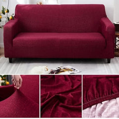 Huitich red two seater sofa cover fitted on a couch showing fabric texture and elastic edges